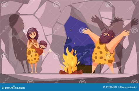 Caveman Family At Wild Nature Landscape Vector Cartoon | CartoonDealer ...