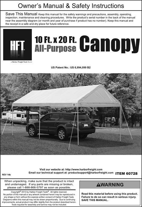 Harbor Freight 10 Ft X 20 Portable Car Canopy Product Manual