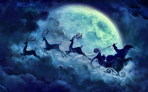 Santa flying, santa, moon, cloud, christmas, night, deer, HD wallpaper ...