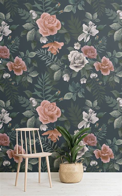 Dark Green & Pink Floral Wallpaper Mural - Hovia | Floral wallpaper ...