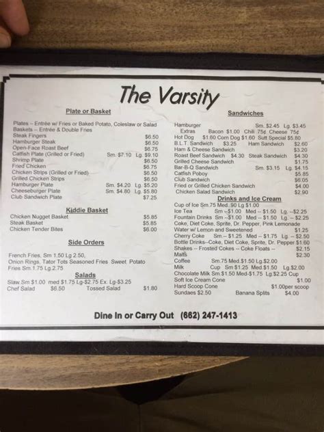 Menu at Varsity Restaurant, Belzoni