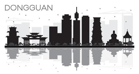 Dongguan City skyline black and white silhouette with reflections ...