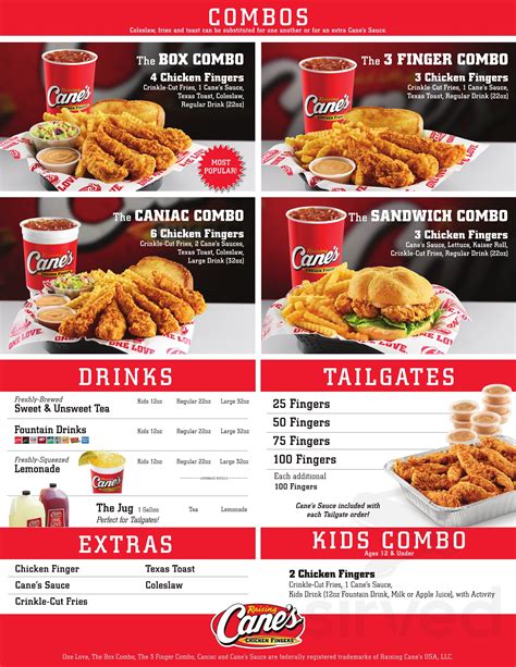 Raising Cane's Chicken Fingers menu in Menifee, California, USA