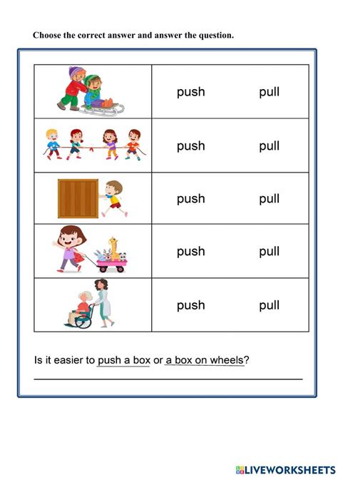 Push or Pull? worksheet | Science for grade 1 worksheets, Kindergarten ...