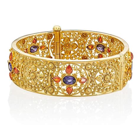 GEM SET INDIAN HIGH CARAT YELLOW GOLD FILIGREE BRACELET Gold Filigree ...