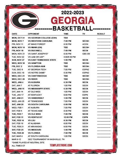 Printable 2022-2023 Georgia Bulldogs Basketball Schedule