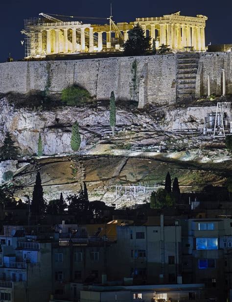 Athens, Night View of Parthenon Temple on Acropolis Stock Photo - Image ...