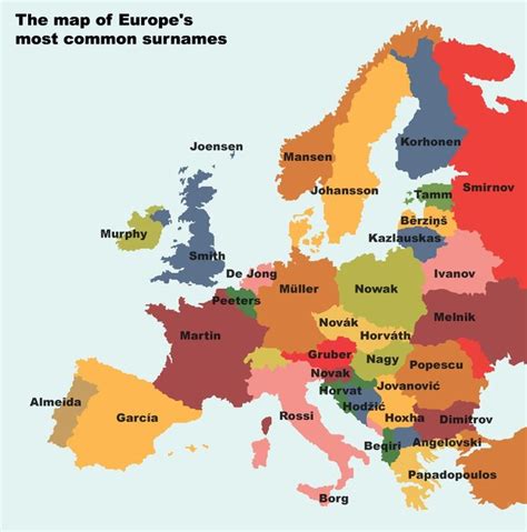 Map of the week: Europe's most common surnames | Europe map, Map, Surnames