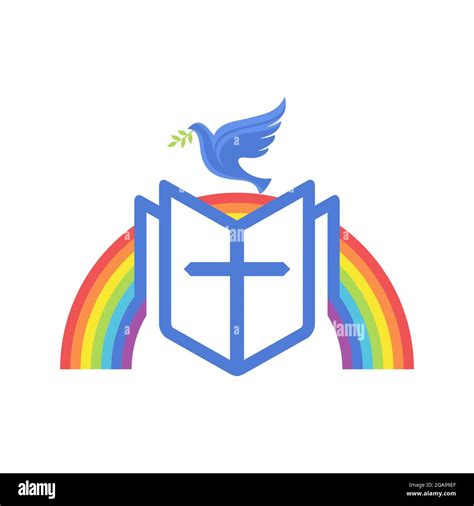 Biblical illustration. An open bible, a rainbow of the covenant, and a ...