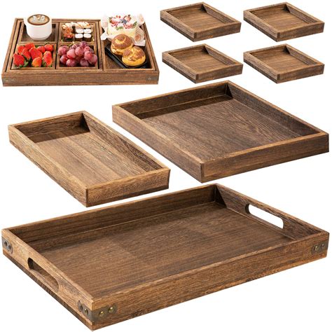 Buy Yangbaga Rustic Wooden Serving Trays with Handle - Set of 7 ...