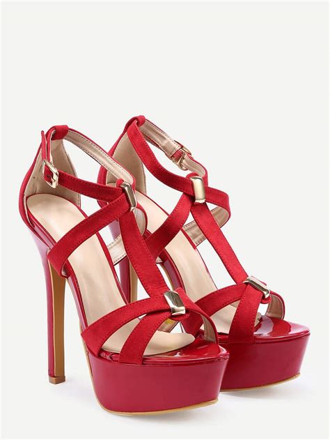 Faux Red Suede Strappy Platform High Heel Sandals