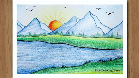 Kids Drawing Of Natural Scenery Sunrise - Draw-radio