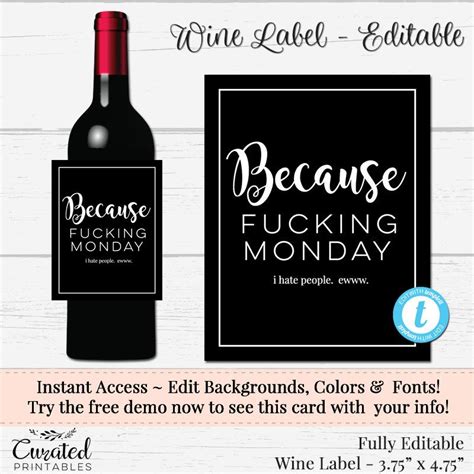 Editable Wine Label, Funny Wine Label, Custom Wine Label, DIY Wine ...