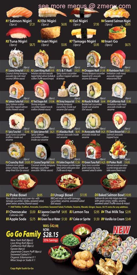 Menu at Sushi Go Go restaurant, Oakland