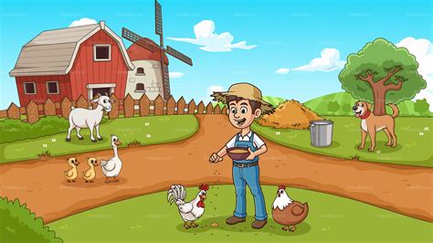 Farmer Feeding Farm Animals Cartoon Illustration - FriendlyStock