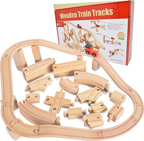 Joyin Toy 62 Pieces Wooden Train Track Expansion Set + 1 Bonus Toy ...