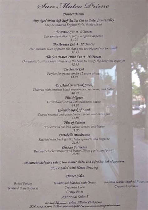 San Mateo Prime Menu, Menu for San Mateo Prime, San Mateo, San Mateo ...