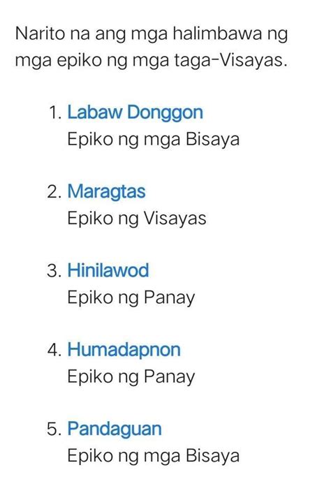 Magbigay ng halimbawa ng epiko mula sa Visayas - Brainly.ph