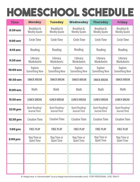 Homeschool Daily Schedule Printable Form