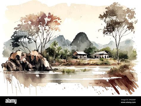 Beautiful landscape Vietnam watercolor sketch illustration on white ...