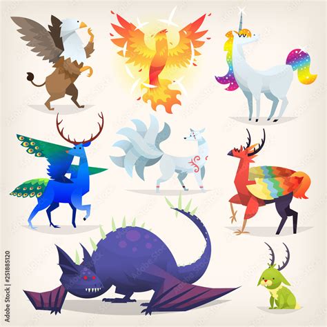 Set of colorful mythological fantasy creatures from all over the world ...