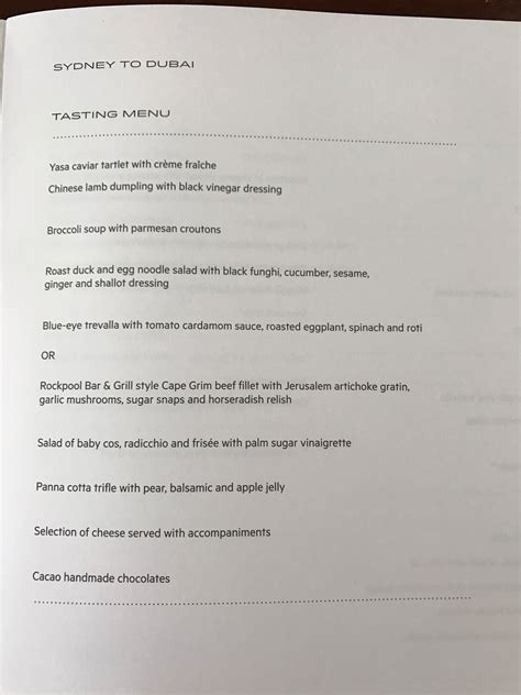 Qantas Business Class Menu