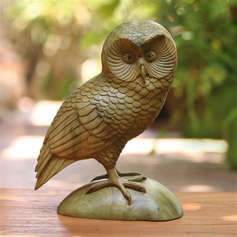 Hand-Carved Hibiscus Wood Owl Sculpture from Bali - Intelligent Owl ...