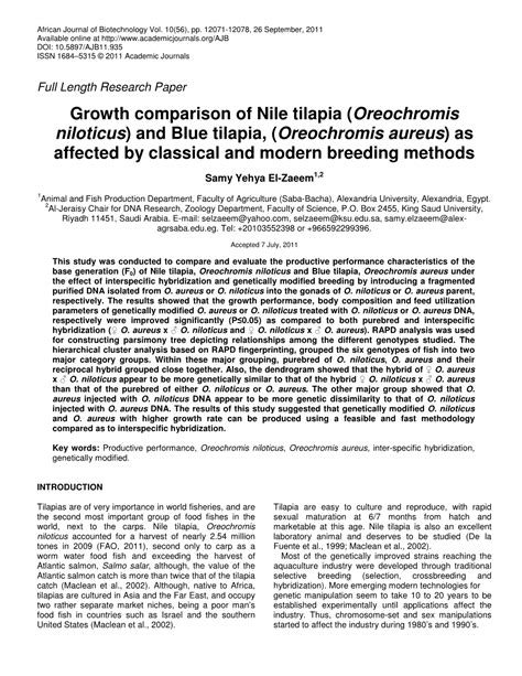 Growth Comparison of Nile Tilapia (Oreochromis Niloticus) and Blue ...