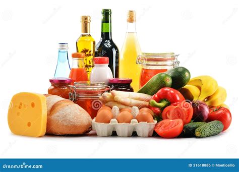 Composition With Variety Of Grocery Products On White Royalty Free ...