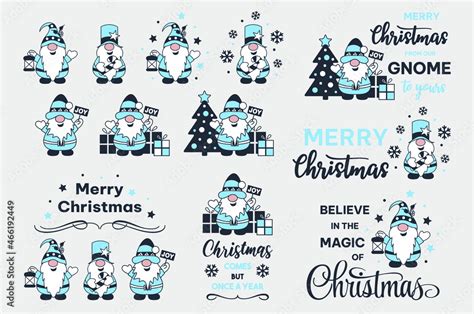 Set of Christmas gnomes. Christmas quotes and sayings. Winter holidays ...