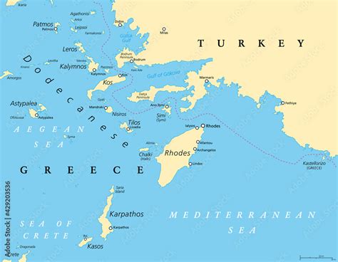 Dodecanese, political map. Group of Greek islands in the southeastern ...