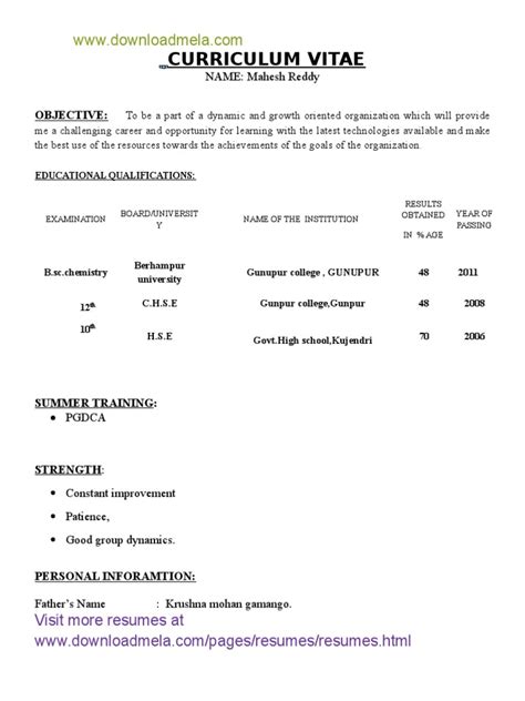 Downloadmela.com BSC Chemistry Fresher Resume