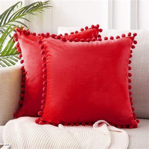 Topfinel Solid Decorative Throw Pillow Covers with Pom Poms Square Soft ...