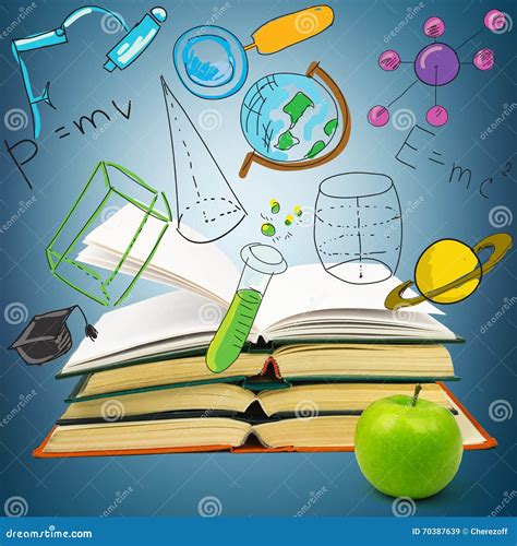 Books with green apple stock illustration. Illustration of blue - 70387639