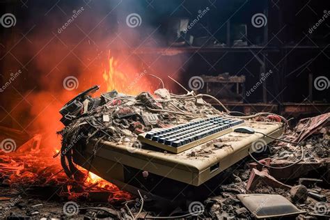 Old Broken Computer Monitor on the Ruins of an Old Building after a ...