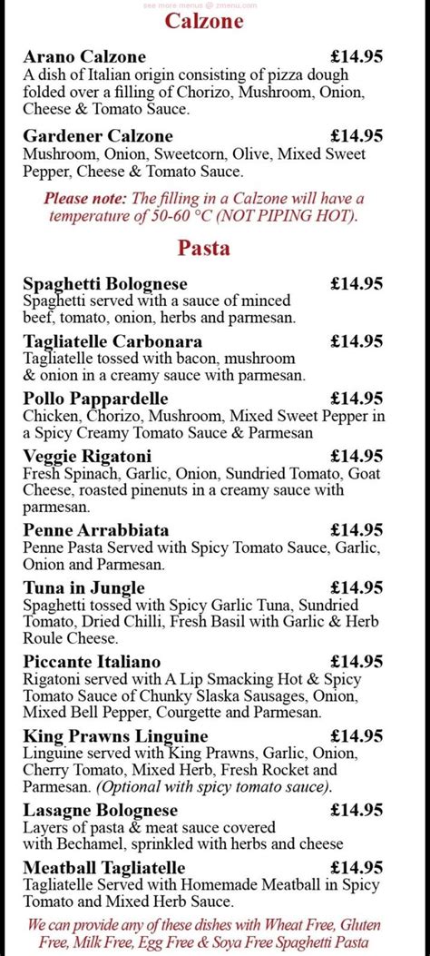 Menu at Cafe Italia, Windermere