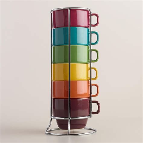 Fall Rainbow Stacking Ceramic Coffee Mugs Set & Chrome Rack - 6 Piece ...