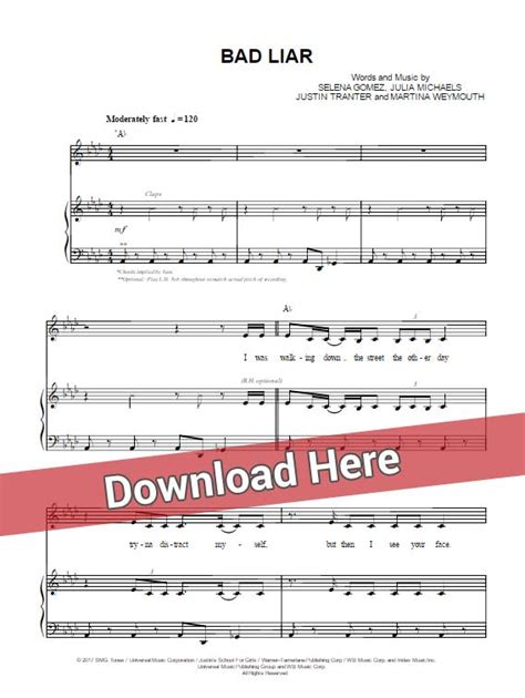 Selena Gomez - Bad Liar Sheet Music, Piano notes, Chords