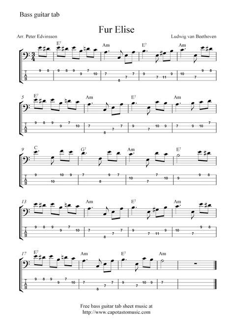 Free Printable Sheet Music: Free bass guitar tab sheet music, Fur Elise