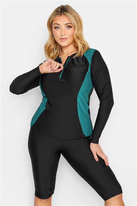 YOURS Plus Size Curve Blue Zip Front Long Sleeve Swim Top | Yours Clothing