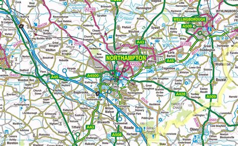 1:100,000 detailed map of Northamptonshire, in England, UK.This map ...