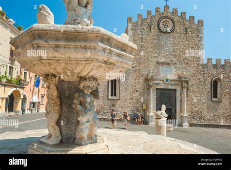 Piazza Taormina, view of the "fortress" cathedral in the Piazza sel ...