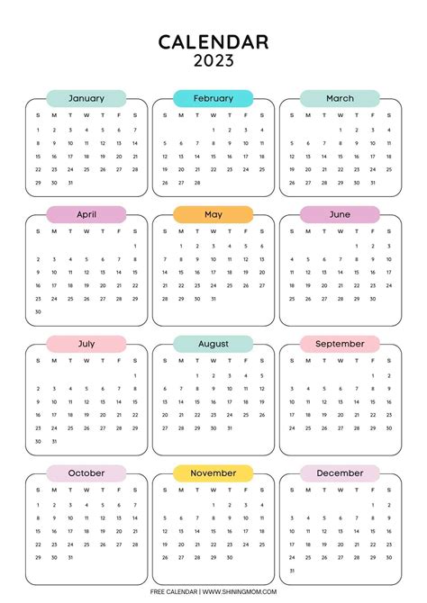 Year 2023 Calendar | Free One-Page Calendar Templates