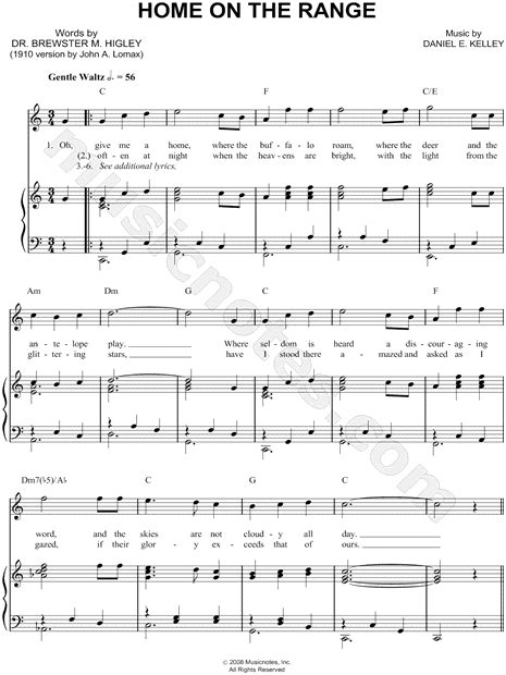 Daniel E. Kelley "Home on the Range" Sheet Music in C Major ...