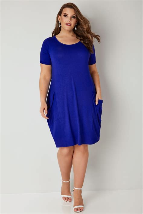 Cobalt Blue Draped Pocket Jersey Dress, plus size 16 to 36