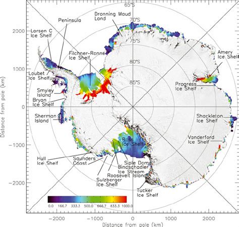 Ice thickness (m) for all ice shelves overlaid on the MOA image of ...