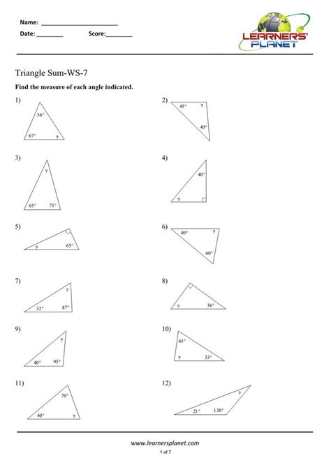 Triangle Angle Sum Worksheet Triangle Angle Sum Worksheets for Class 7 ...