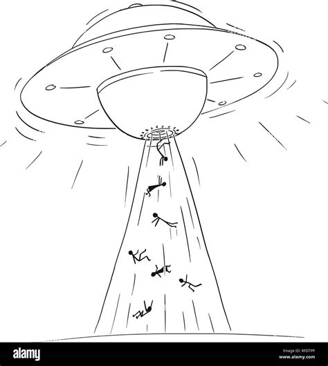 Cartoon Drawing of Alien Space Ship or UFO Abducting People in Ray of ...