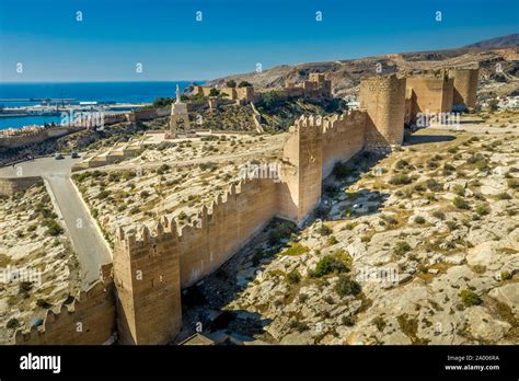 Almeria medieval castle panorama with blue sky from the air in ...