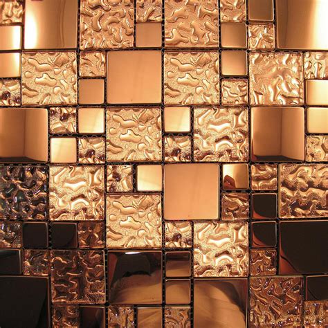 Copper Metal Pattern Textured Glass Mosaic Tile Backsplash ...